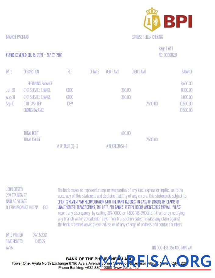 Blank Philippines Bank of the Philippine Islands (BPI) bank statement excel version 2 real example